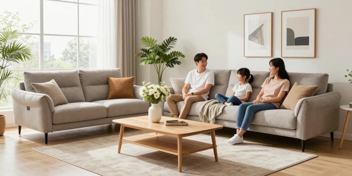 Gemütliches Familienwohnzimmer mit einem stilvollen Sofa aus einem Möbel Shop online, helle und einladende Atmosphäre.