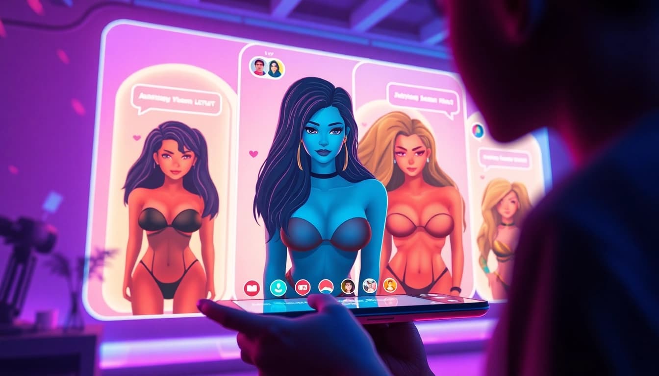 Engaging NSFW chat interface showcasing diverse AI characters interacting in a futuristic setting.