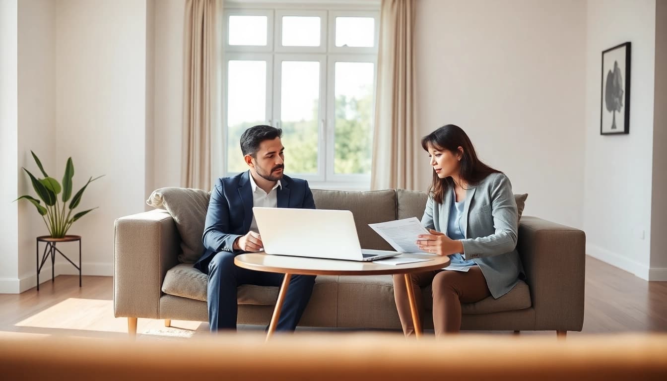 Hausverkauf bei Scheidung: Couple contemplating house sale with documents in modern living room.