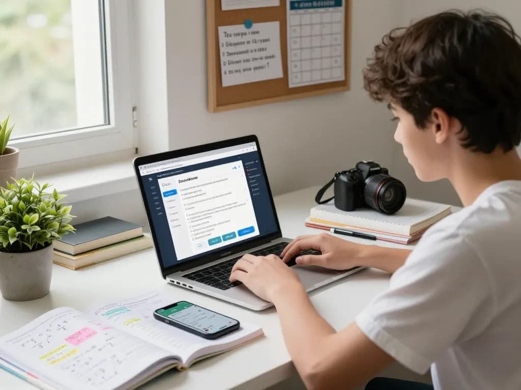 Student, der ein Hausaufgaben Löser Online-Tool zur Unterstützung bei den Hausaufgaben in einer gemütlichen Lernumgebung verwendet.
