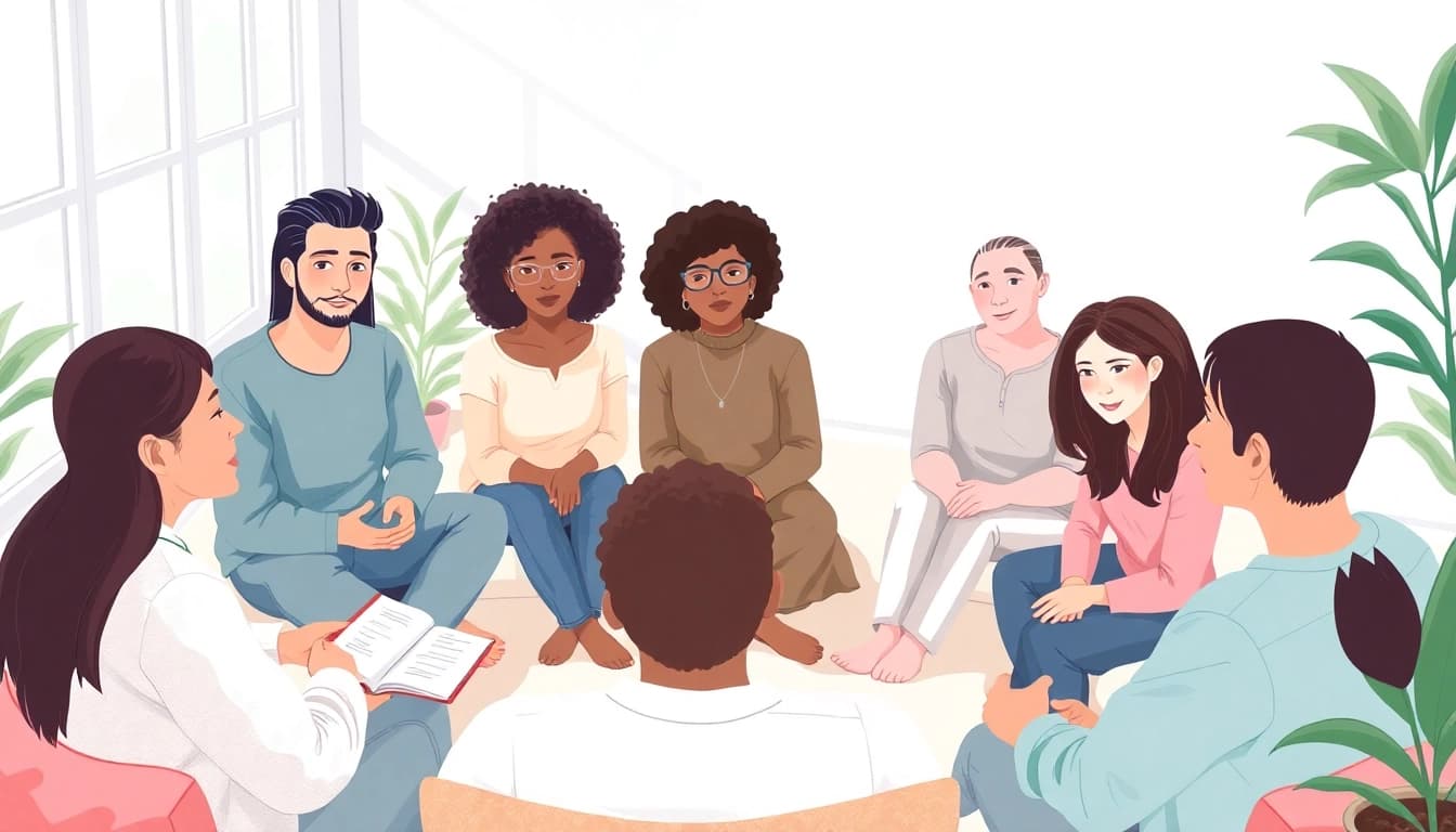Enhancing mental health awareness through group therapy dialogue among diverse individuals.