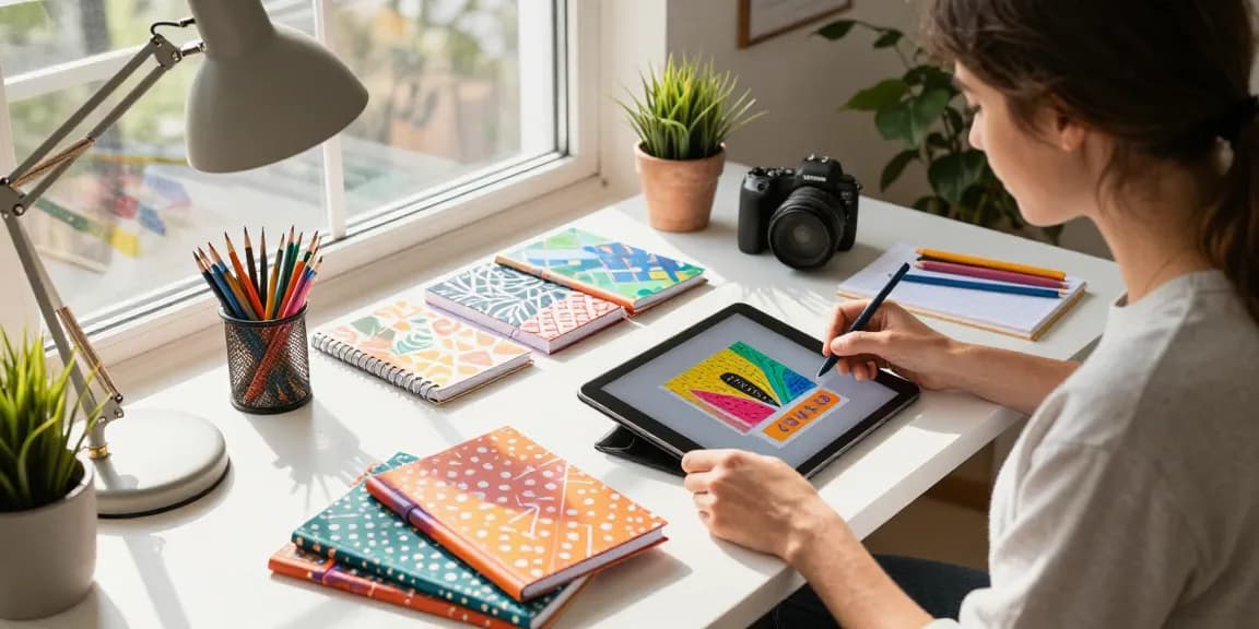 Creative professional designing custom printed notebooks in a vibrant home office with beautiful natural lighting.