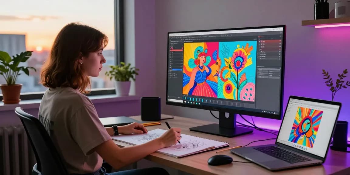 Vibrant art studio scene with an artist using an nsfw AI generator for digital artwork.