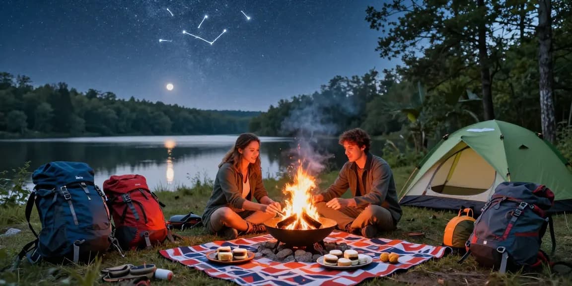Couple camping and enjoying s'mores under the stars at https://www.fightandflight.com campsite.
