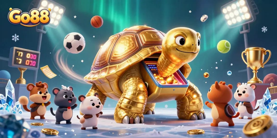 Experience Go88's vibrant gaming world with a colossal tortoise pinball machine surrounded by excited fans.