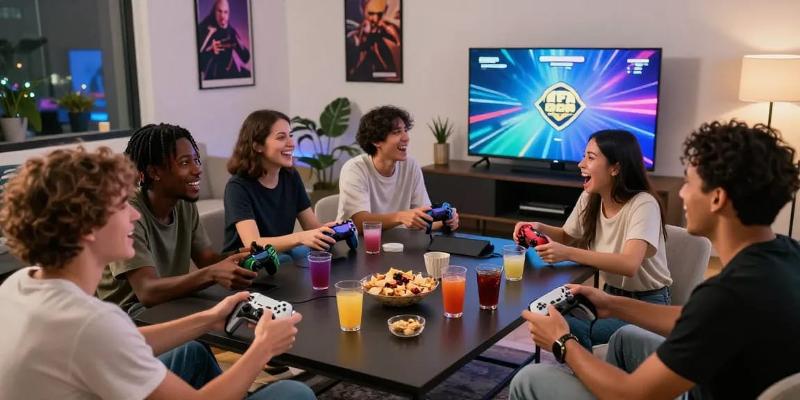 A diverse group of friends engaging in a competitive game night featuring FAFA 828 in a modern living room setting.