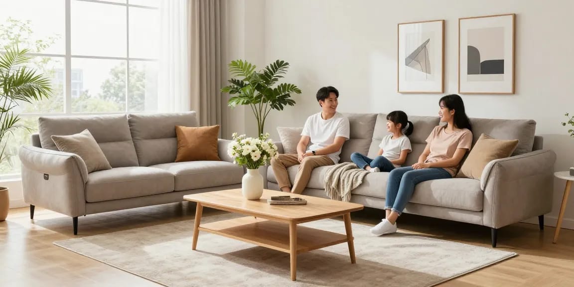 Gemütliches Familienwohnzimmer mit einem stilvollen Sofa aus einem Möbel Shop online, helle und einladende Atmosphäre.