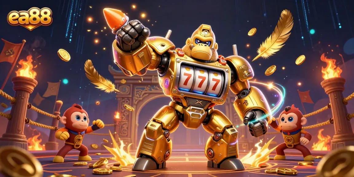 ea88 engages players with a dynamic 3D illustration featuring a golden gorilla mech and casino elements.