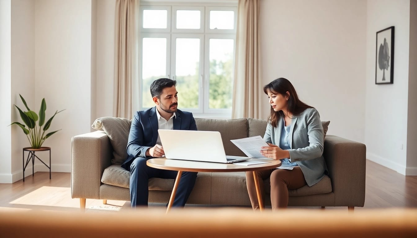 Hausverkauf bei Scheidung: Couple contemplating house sale with documents in modern living room.
