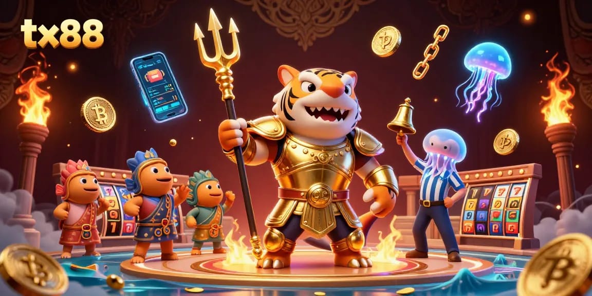 Engage with tx88 in a vibrant underwater casino scene featuring a shark gladiator and cryptocurrency.