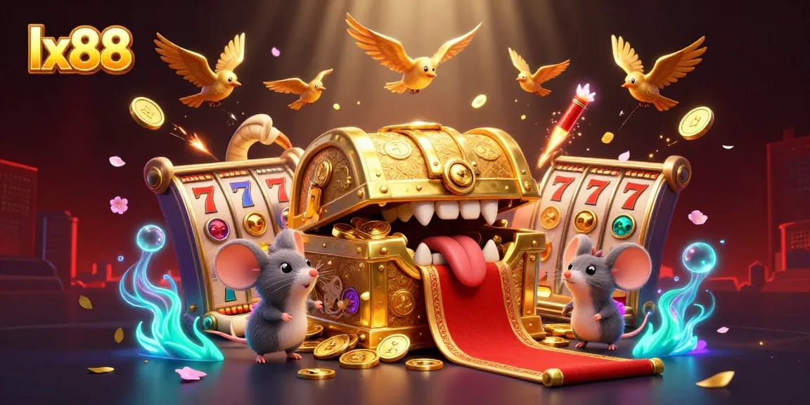 Spin the reels at lx88 with a treasure chest drawing in adventurers amid vibrant casino elements.