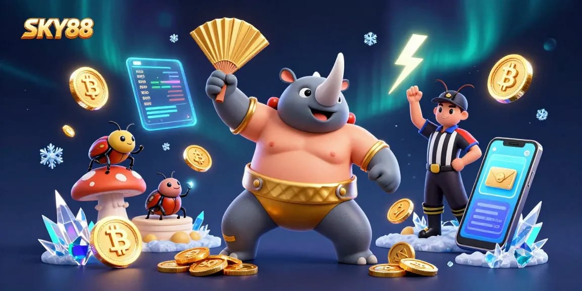 Experience thrilling gameplay with SKY88 featuring a rhinoceros beetle sumo champion amidst floating cryptocurrencies.
