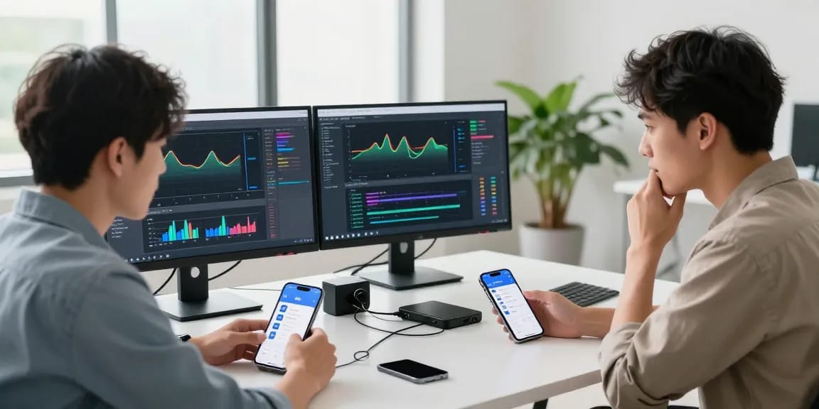 爱思助手技术支持场景，技术员在明亮的办公室中为用户排查iPhone问题，桌上有工具和设备。