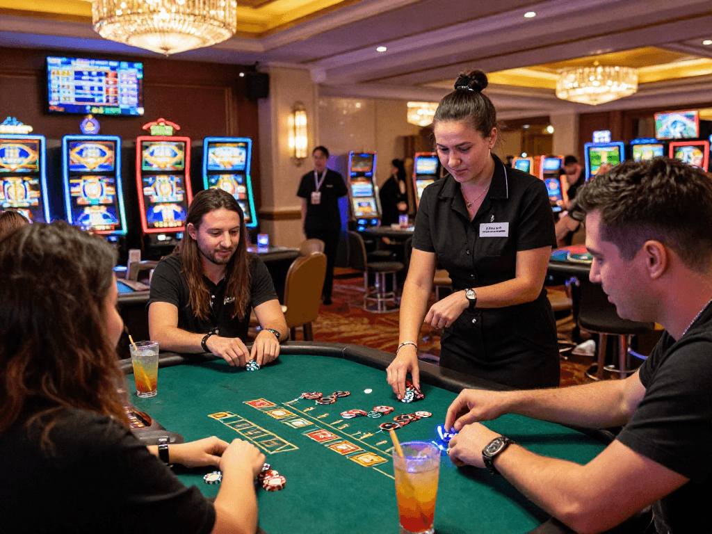 Exciting gaming atmosphere at vin88.com where friends enjoy blackjack and slots in a vibrant casino.