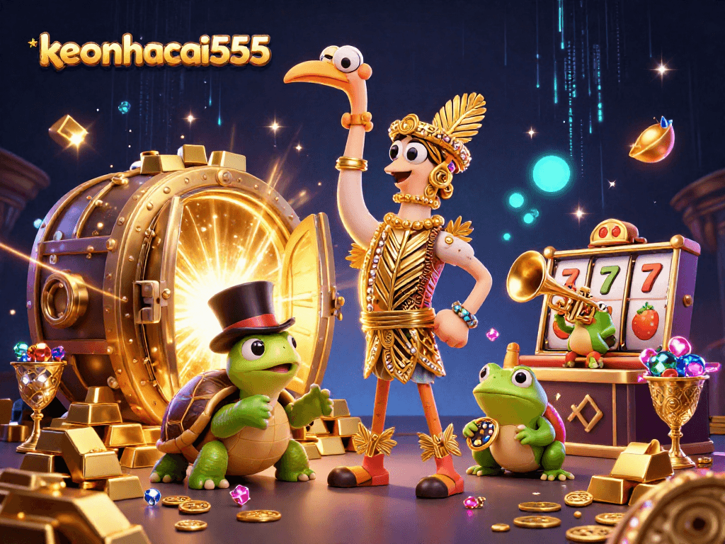 Experience the thrill of keonhacai555 with whimsical casino characters amid sparkling treasures and dynamic gaming elements.