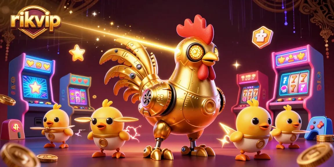 Experience rich casino adventures with rikvip's vibrant 3D illustration featuring a golden rooster and baby chick drones.