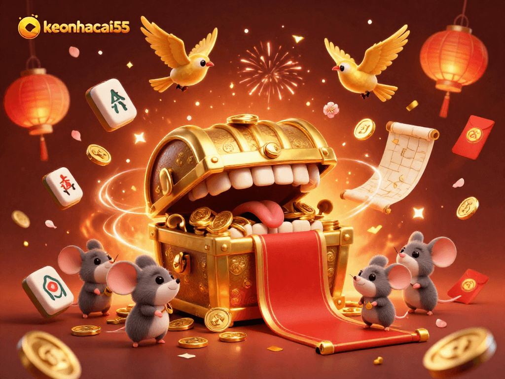 Engage with keonhacai55 through vibrant 3D treasure scenes showcasing dynamic gambling elements.