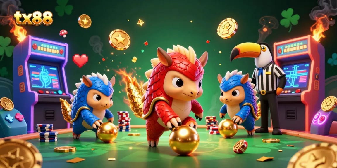 Engaging rivalry of pangolins in tx88 casino-themed arcade, rolling golden balls amidst poker chips.