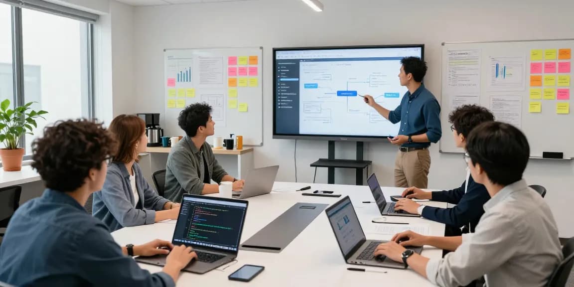 Collaborative team building internal tools with AI in a modern office setting, showcasing energy and innovation.