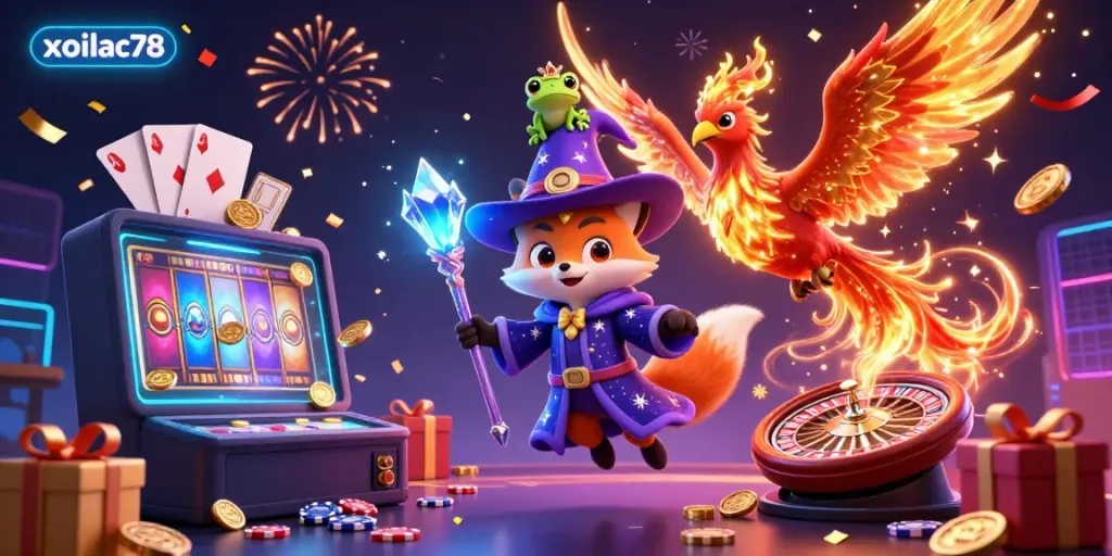 Xoilac78 captures thrilling moments in 3D gaming, featuring a wizard fox and phoenix in a casino setting.