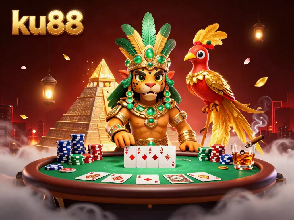 Engage in thrilling games with ku88 as colorful poker elements surround mystical characters.