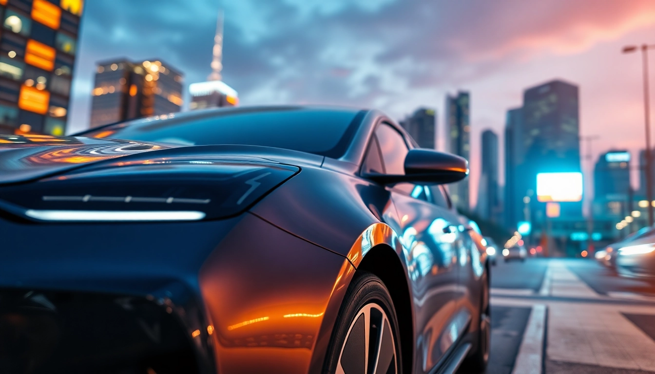 Elektroautos in einer urbanen Umgebung mit futuristischem Design und lebendigen Farben.