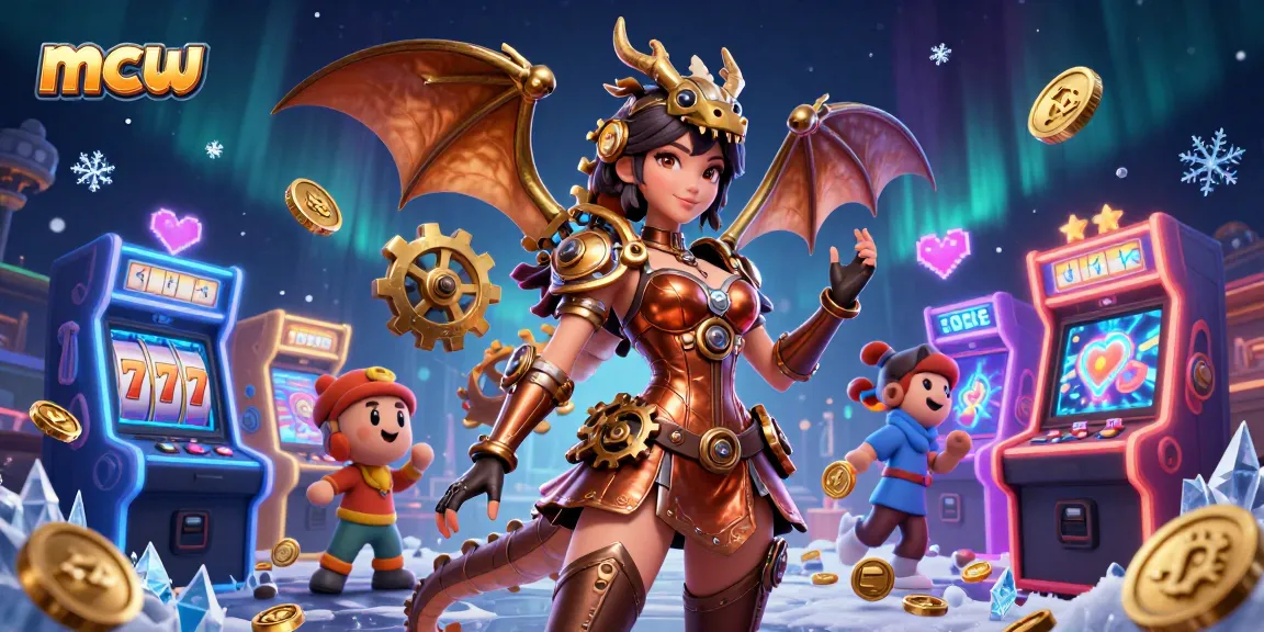 Engage with mcw's vibrant 3D illustration featuring steampunk characters amidst dynamic casino gaming elements.