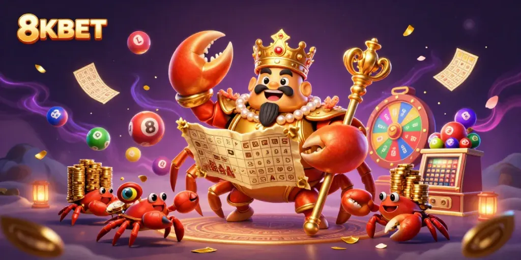 Engage with vibrant 8KBET gaming excitement, featuring a golden crab emperor and lottery elements.
