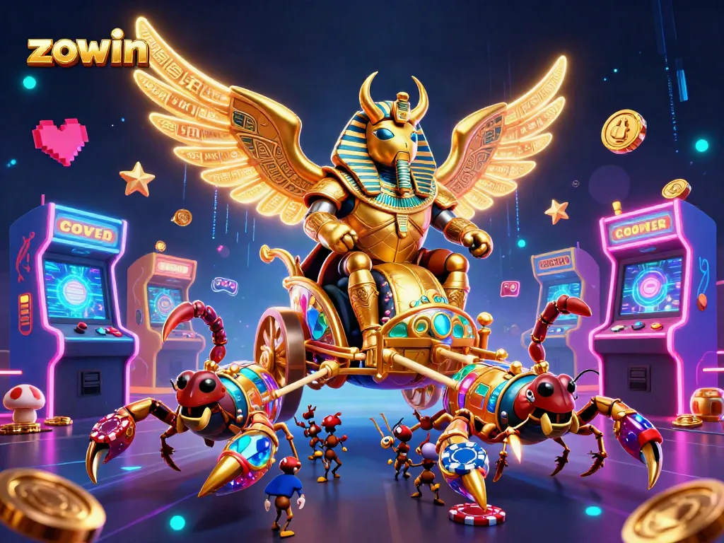 Zowin's colossal pharaoh scarab leads a vibrant casino adventure filled with gaming action and energy.