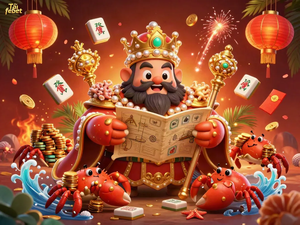 Tải febet with a golden crab emperor and vibrant casino elements in a rich 3D illustration.