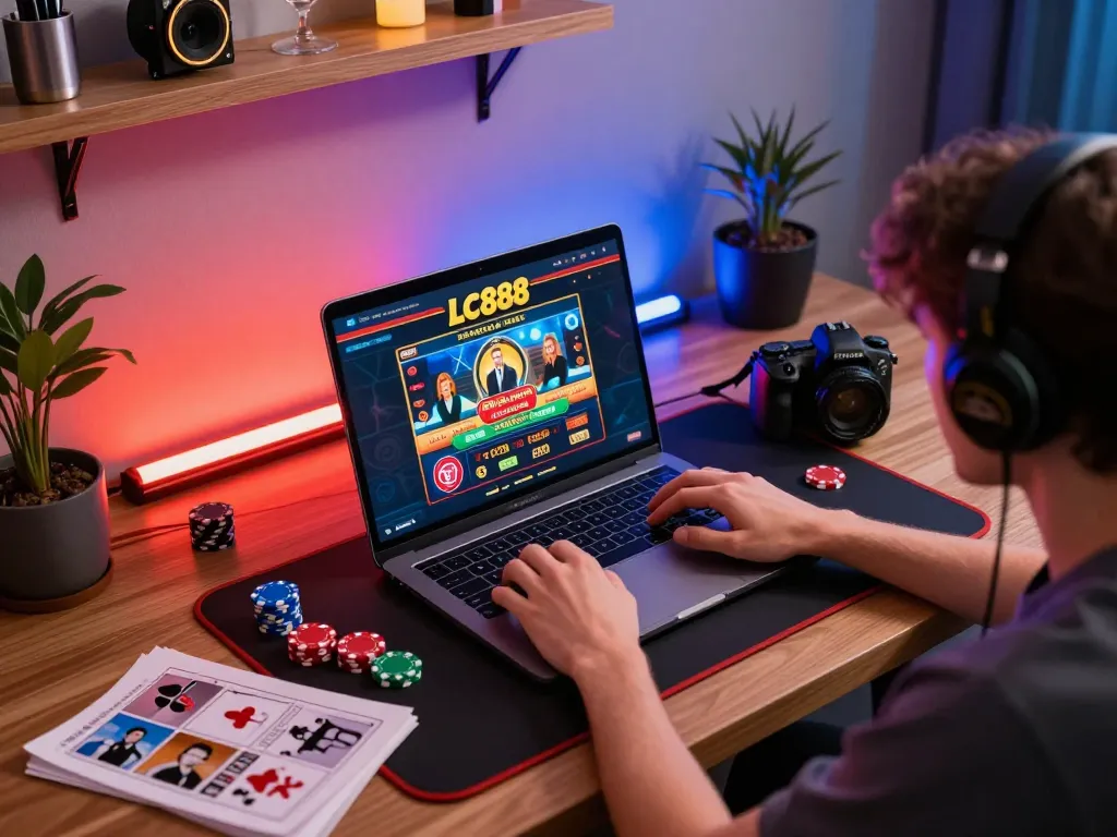 Player enjoying immersive LC888 casino gaming experience on a laptop with vibrant decor