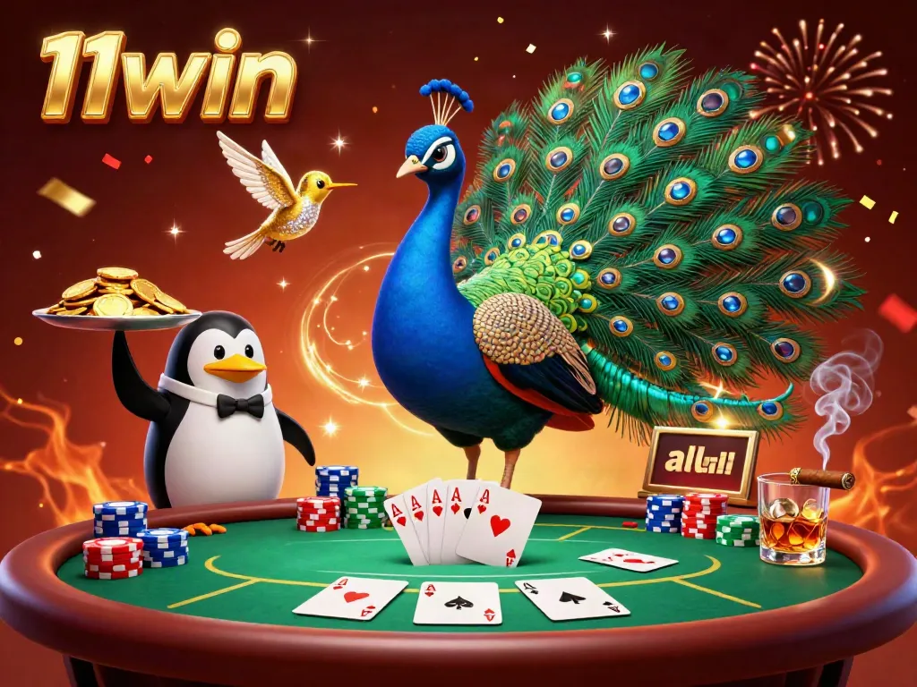Engage in thrilling poker action at 11win with a vibrant 3D illustration featuring colorful chips and dynamic characters.