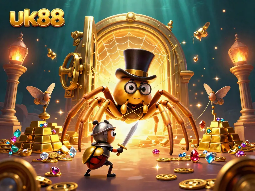 Experience excitement at uk88 with a golden tarantula surrounded by riches and adventure.