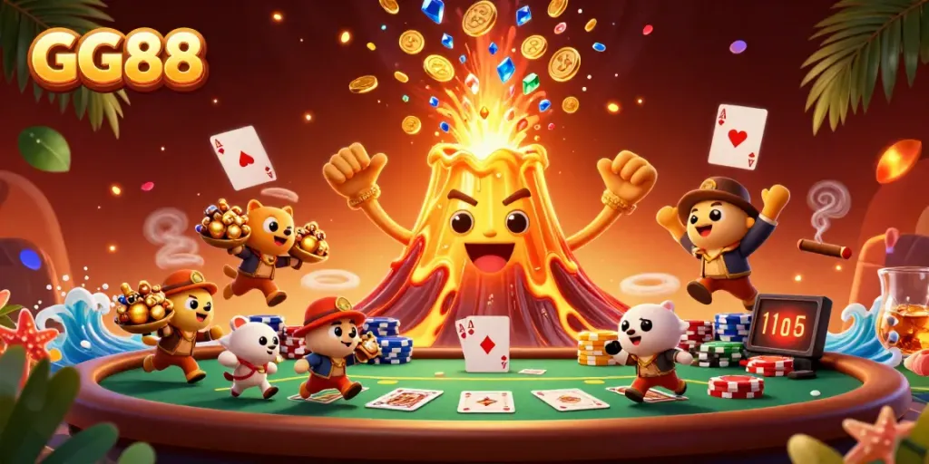 Watch GG88's enchanting golden volcano erupt coins and treasures while tiny animals escape!
