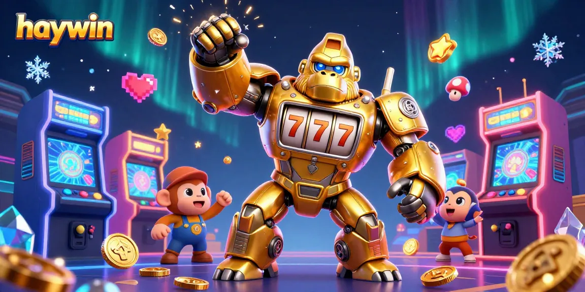 Experience the thrill of haywin casino games with a dynamic illustration of a golden gorilla mech.