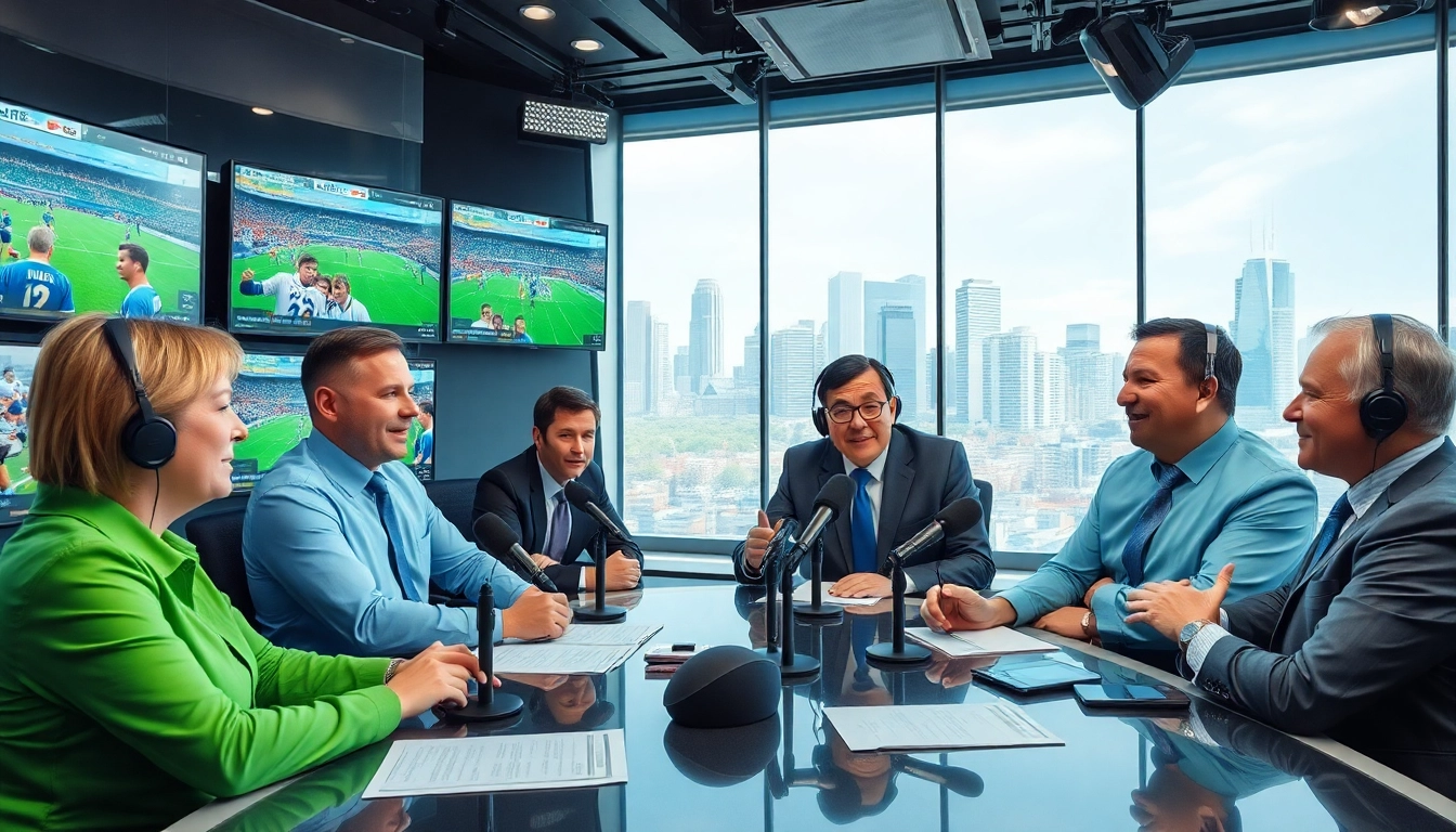 Dynamic scene of sports broadcasting with analysts discussing strategies and events.