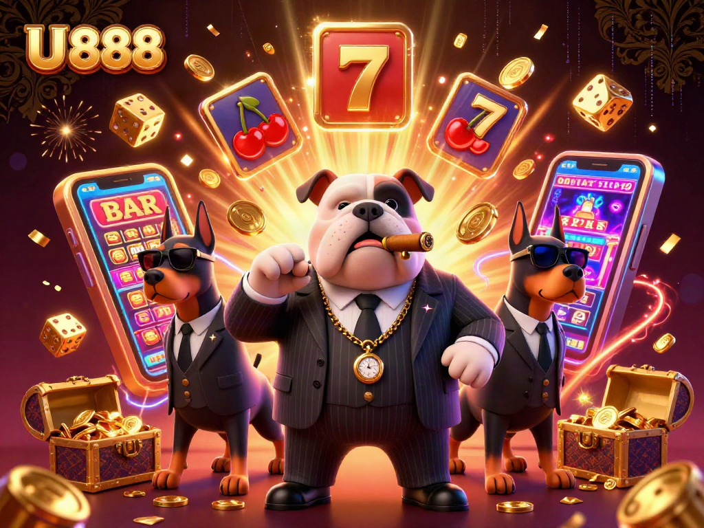 Engage with U 888's vibrant casino scene featuring a slot jackpot and animated elements.