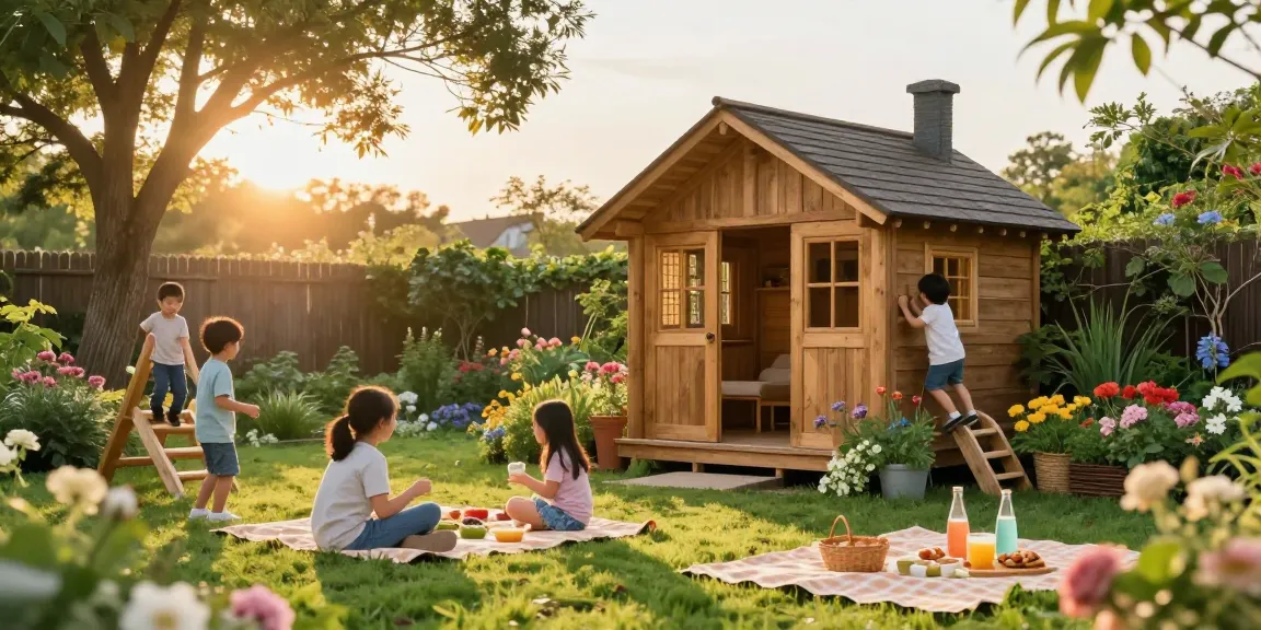 Gartenhäuser: Holz-Gartenhaus umgeben von Blumen und Familie beim Spielen im Freien.