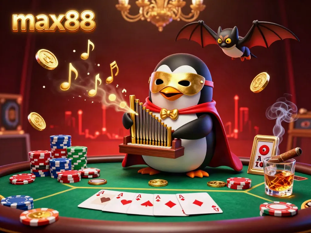Experience thrilling winnings at max88 with our vibrant casino scene featuring a phantom penguin and poker elements.
