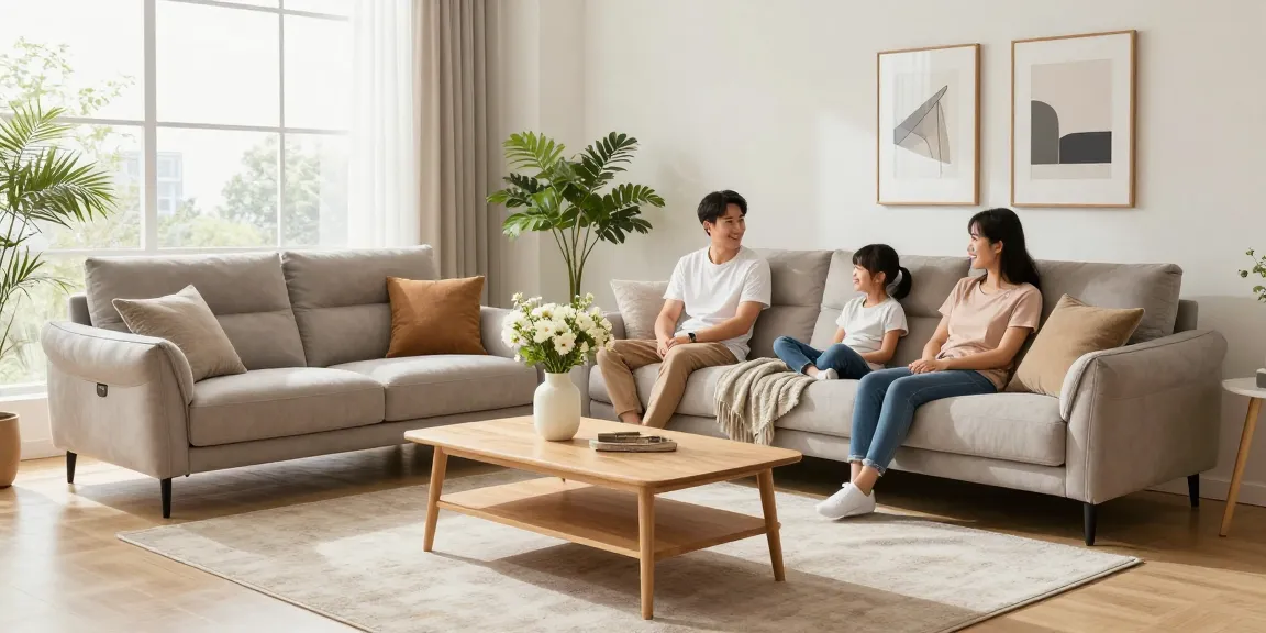 Gemütliches Familienwohnzimmer mit einem stilvollen Sofa aus einem Möbel Shop online, helle und einladende Atmosphäre.