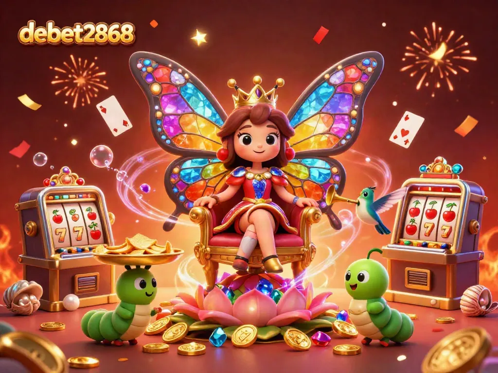 Engage in thrilling slots action with debet2868 as vibrant characters celebrate amidst colorful gems and confetti.