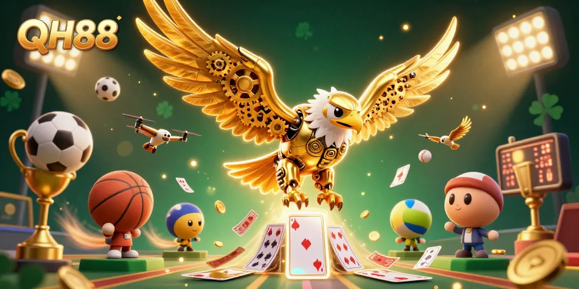 Experience the thrill of betting with QH88, featuring a cybernetic eagle and dynamic sports elements in an engaging 3D illustration.