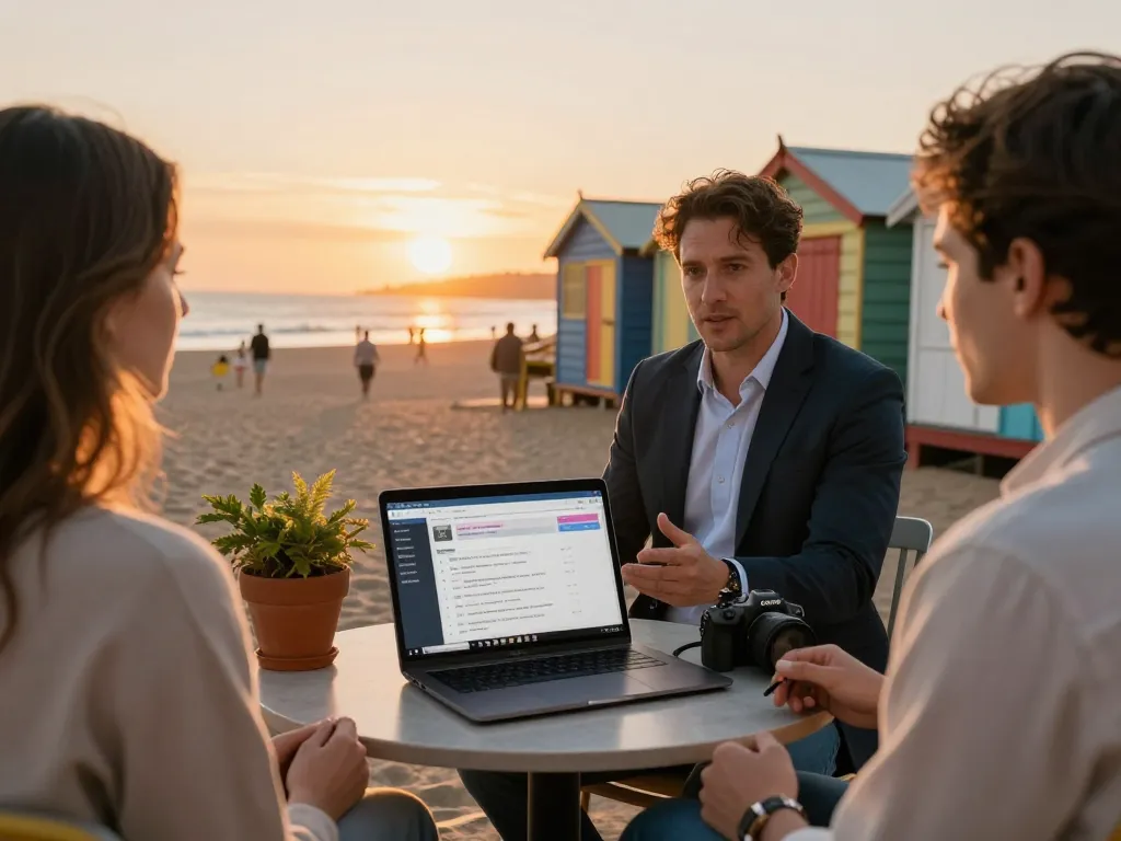 Airbnb management Brighton: Property manager assisting a homeowner with listing strategies and guest analytics on the beach.