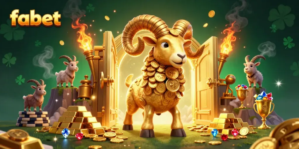 Engaging scene showcasing fabet's exciting gaming world with a charging golden ram and treasure details.