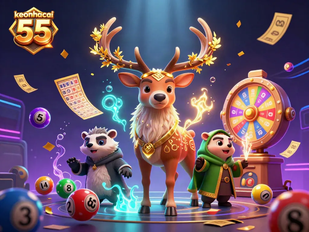 Experience thrilling moments with keonhacai 55 as colorful lottery balls fly around in this dynamic 3D scene.
