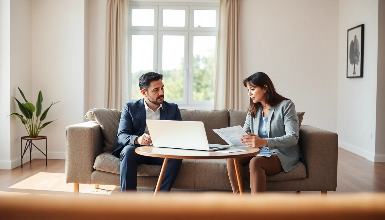 Hausverkauf bei Scheidung: Couple contemplating house sale with documents in modern living room.