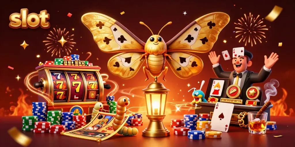 Experience thrilling slot gameplay with a majestic golden moth and vibrant casino elements.