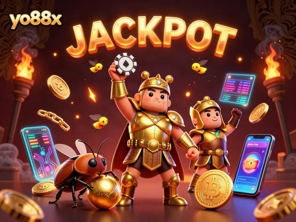 Experience the thrill of yo88x with a winning beetle hero in a vibrant casino setting.