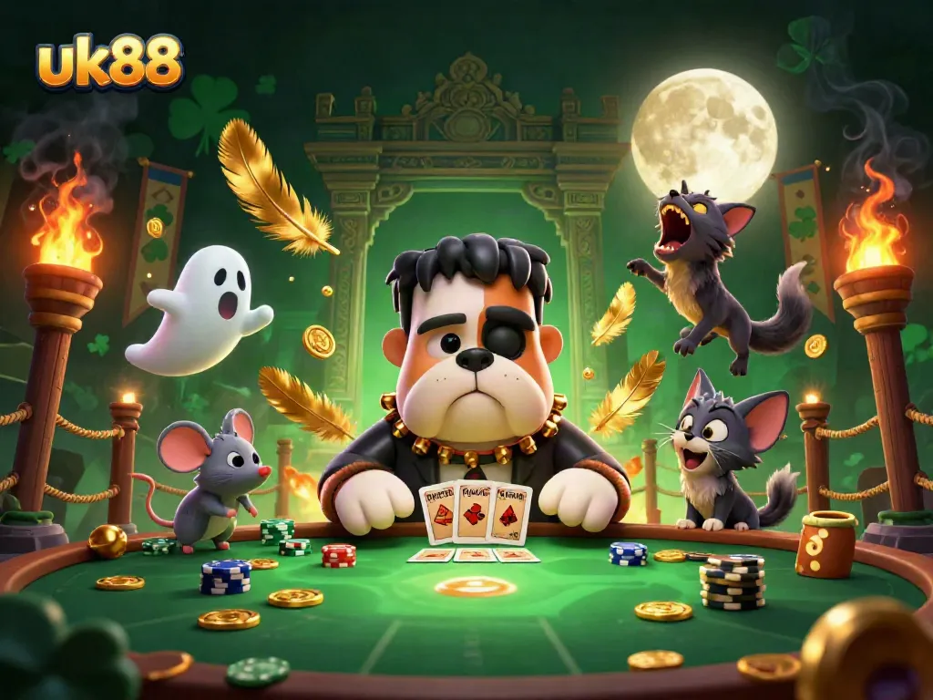 uk88 offers thrilling gaming action featuring a Frankenstein bulldog dealing cards in an enchanting casino environment.