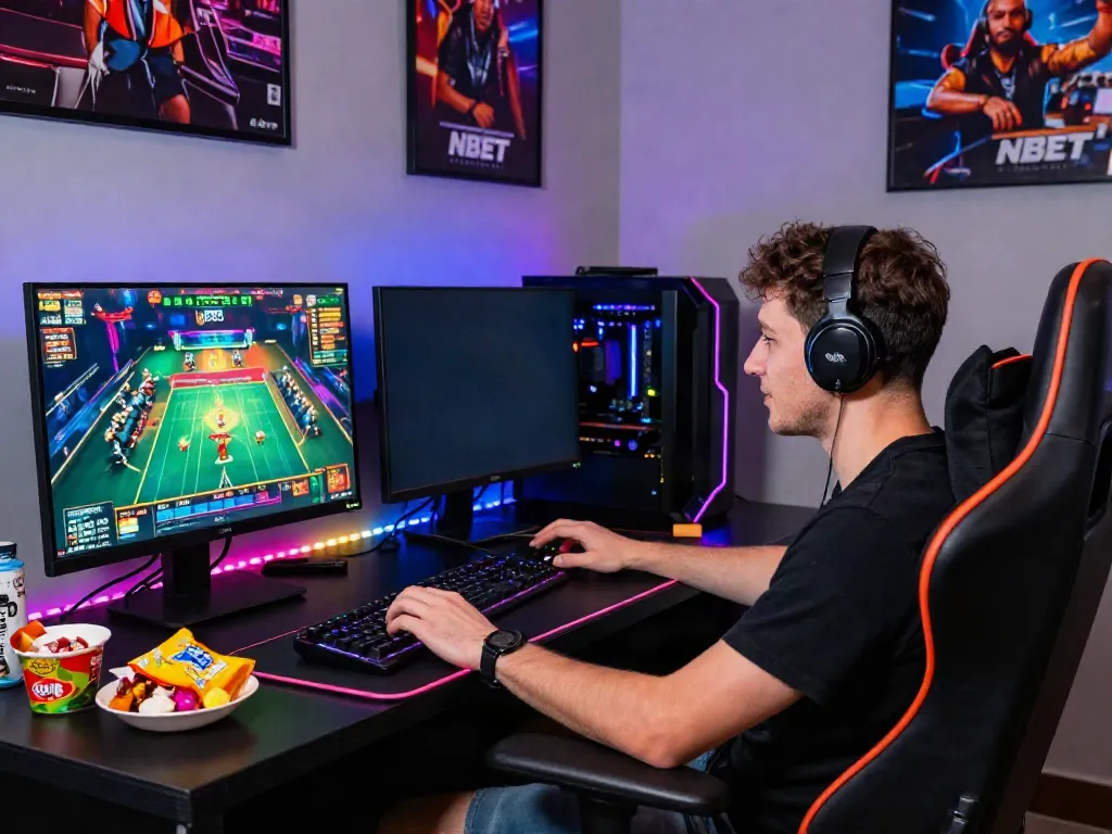 Gamer immersed in online gaming at https://nbet.group/ with dual monitors and vibrant atmosphere.